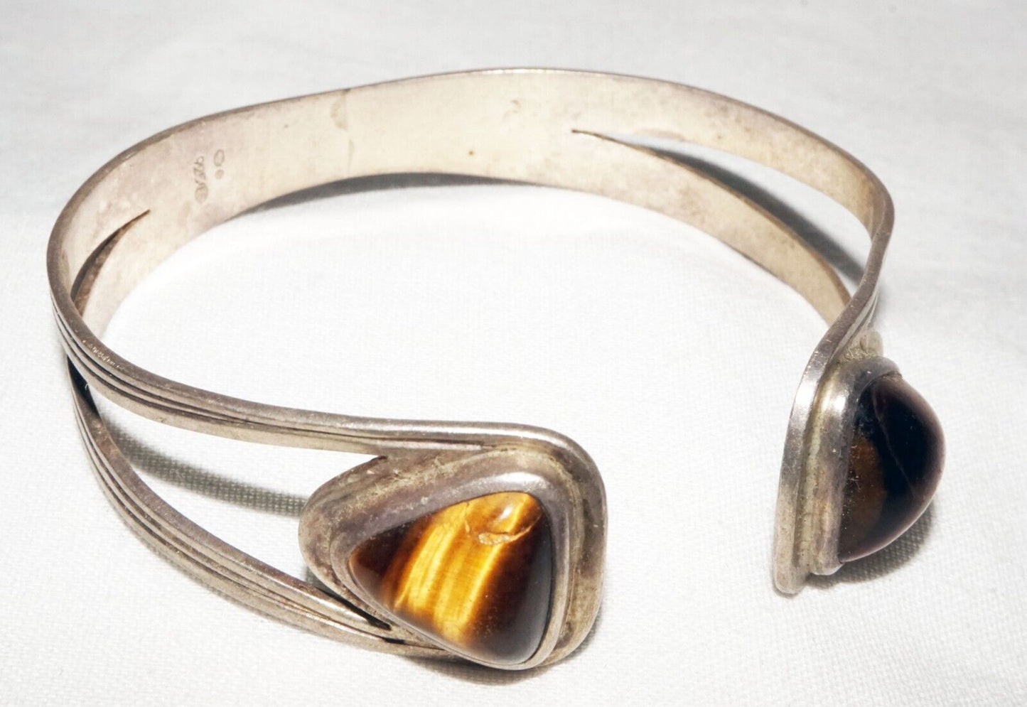 Vintage Swedish Modernist Sterling Silver Cuff Bracelet w. 2x Tigereye (ShI)