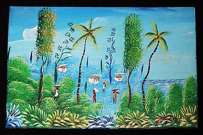 1980's Haitian Acrylic Mini Painting "Blue Village" by illegible signed (Stea)