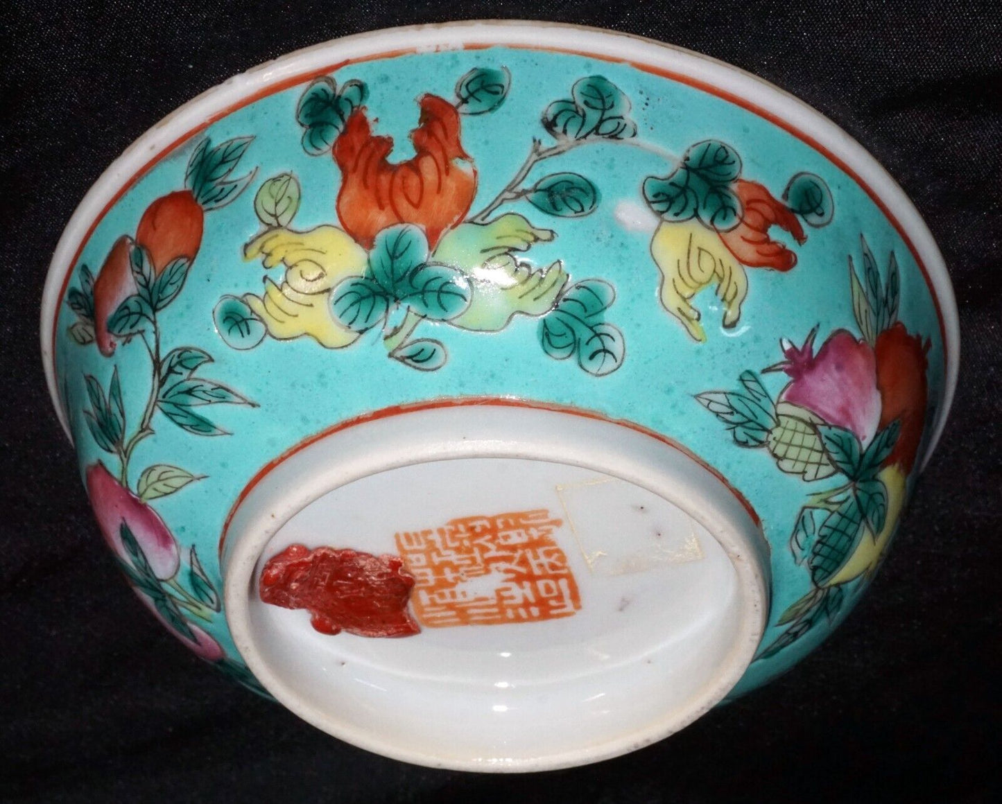 Antique Chinese Porcelain Bowl Multicolor Fruit Turquoise Ground Motif (WCa) IC