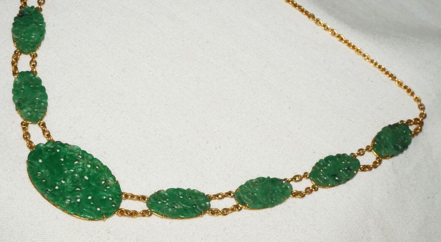 Vtg Chinese 10K Yellow Gold Necklace w. 9x Pierced Floral Jade Plaques (InS)L5