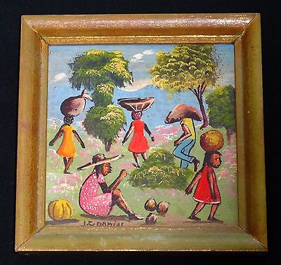 1980's Haitian Acrylic Miniature Painting "Harvest People" by J.C. Damias (Stea)