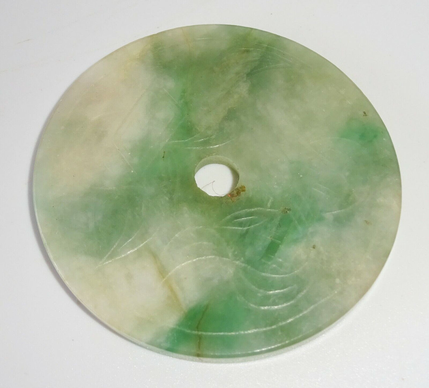 20C Chinese Jadeite Jade Incised Petal Motif Disk Carving (FeO) #37a