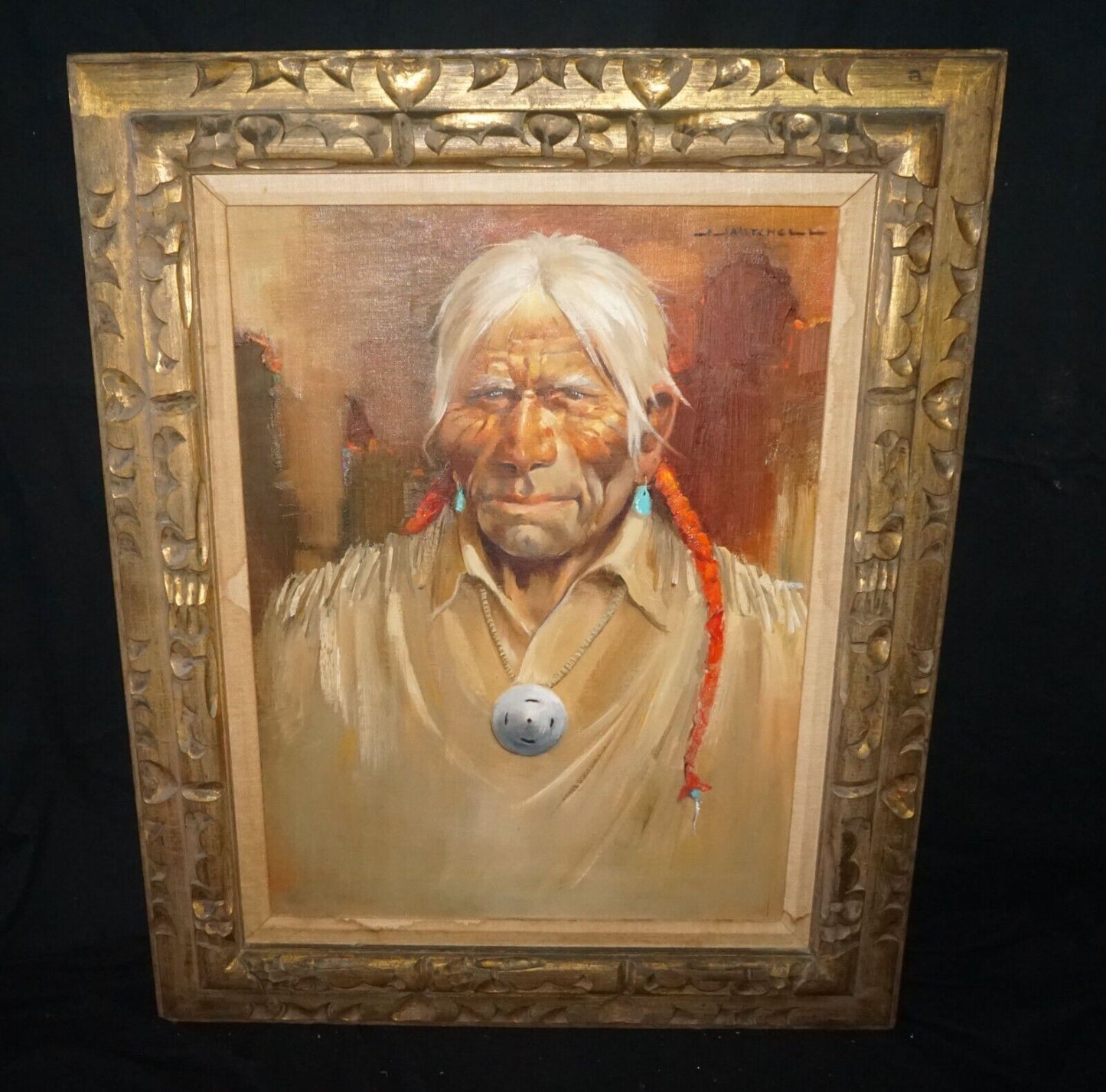 19C American Oil on Canvas- American Indian By J.J. Mitchell (AHB)