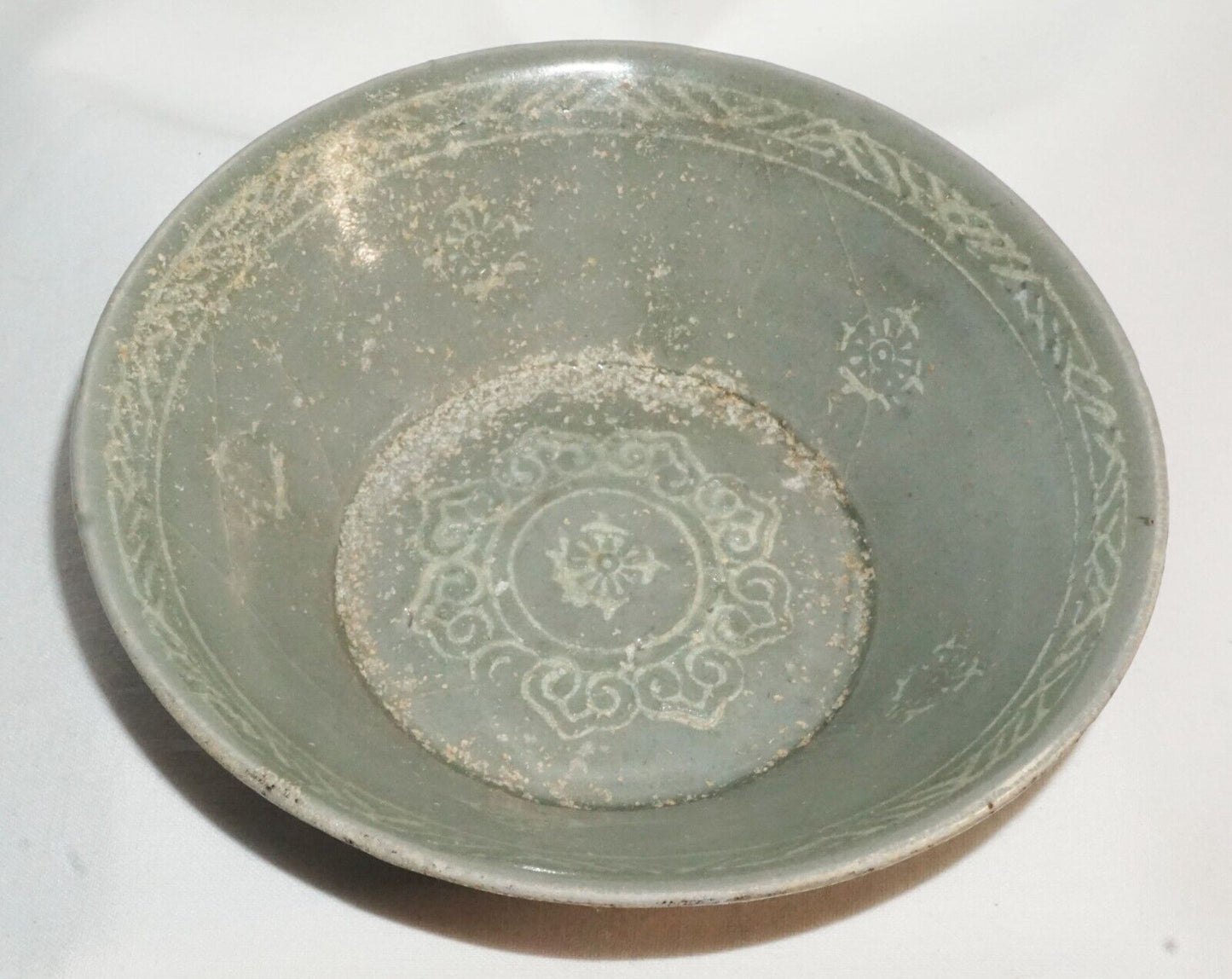 14C Korean Koryo Inlaid Pottery Bowl Celadon Glazed w. Floral Designs (JSt)2 IC