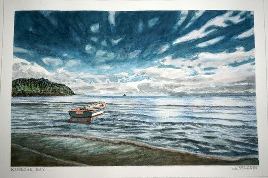 Hawaii Watercolor Painting Kaneohe Bay w. Boat by Larry Segedin #190
