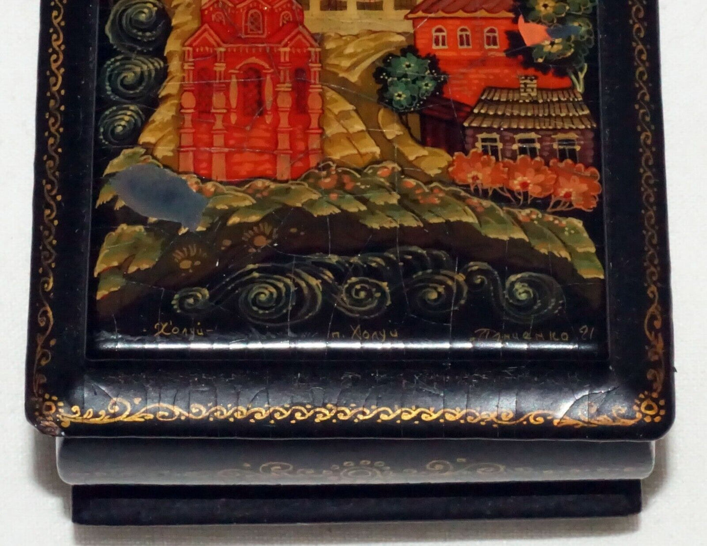 Vintage Russian Lacquer Box Church & Village Motif signed (AHB