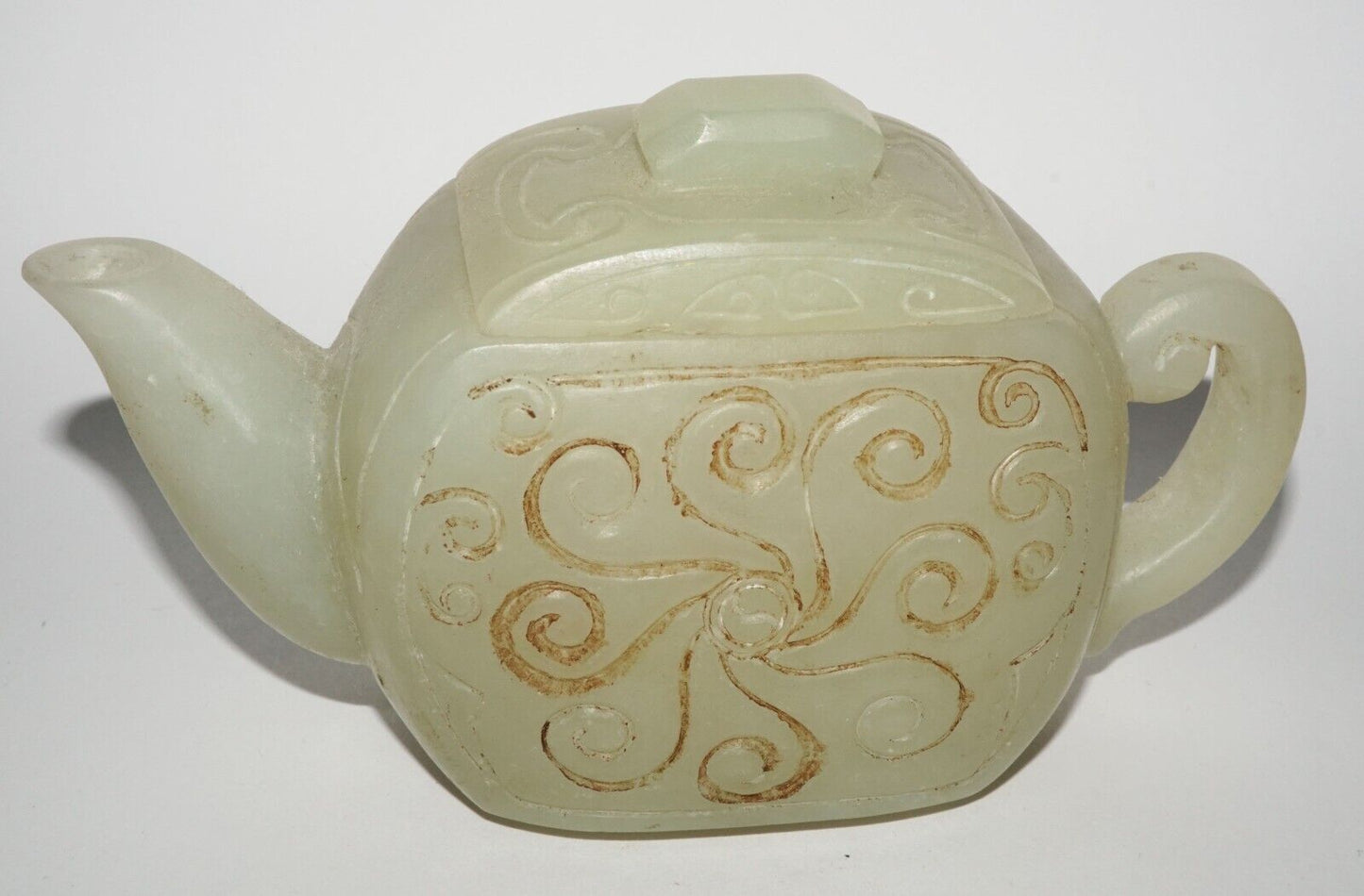 Vintage Chinese Nephrite Jade Carved Tea Pot w Incised Curvilinear Motifs (LeS)