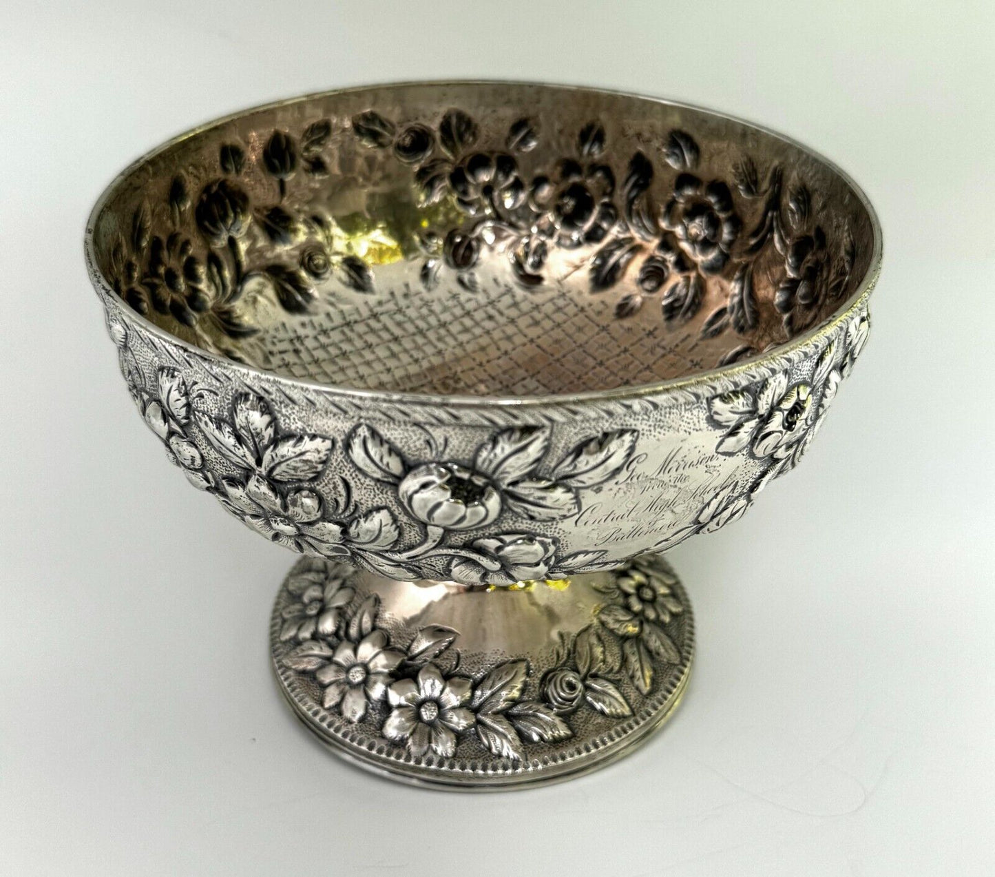 Antique 11 oz Coin Silver S. Kirk & Son Footed Bowl w Floral Repousse (WeP)