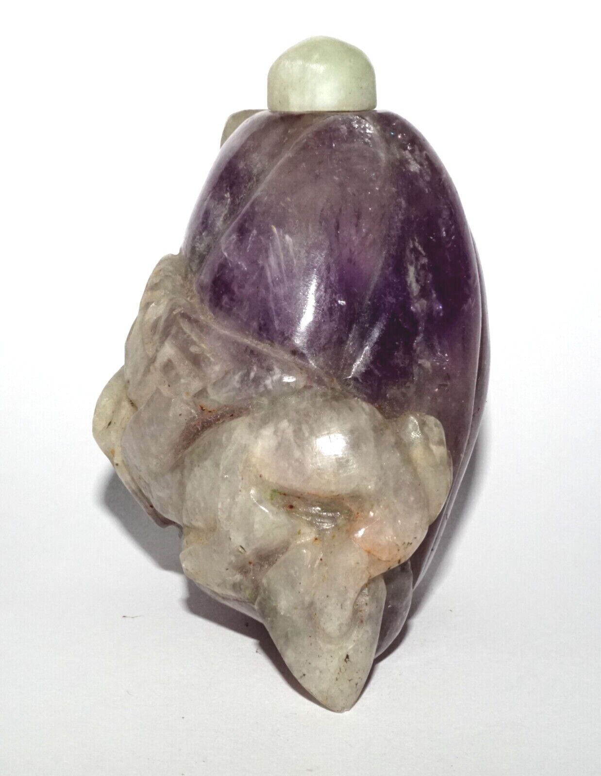 Vintage Chinese Purple Fluorite Carved Snuff Bottle w. Stone Stopper (LeS) G12