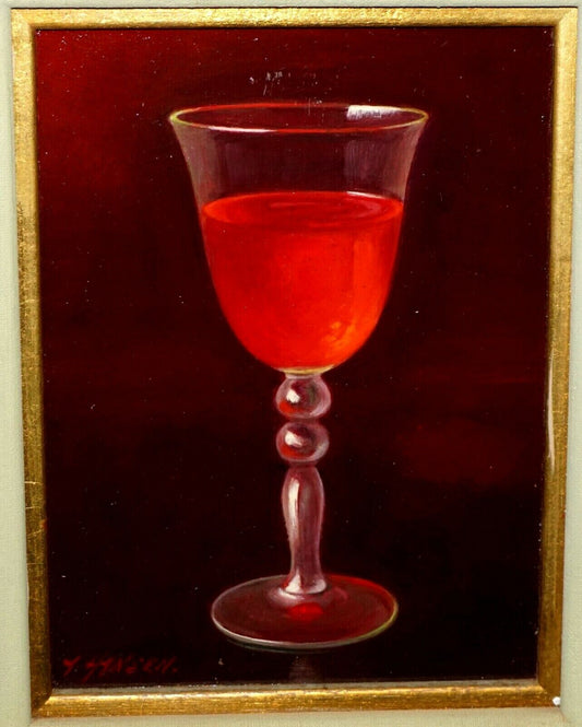 Vintage US Framed Oil Still Life Painting Glass of Red Wine by A. Hansen (FeO)