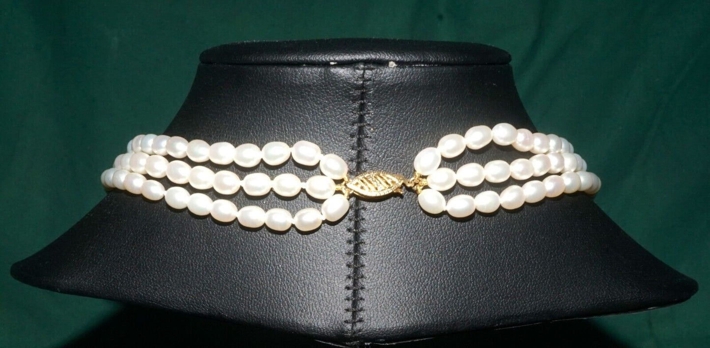 Vintage Triple Strand Oval Freshwater Pearl 26" Necklace w 18k Gold Clasp (AHB)