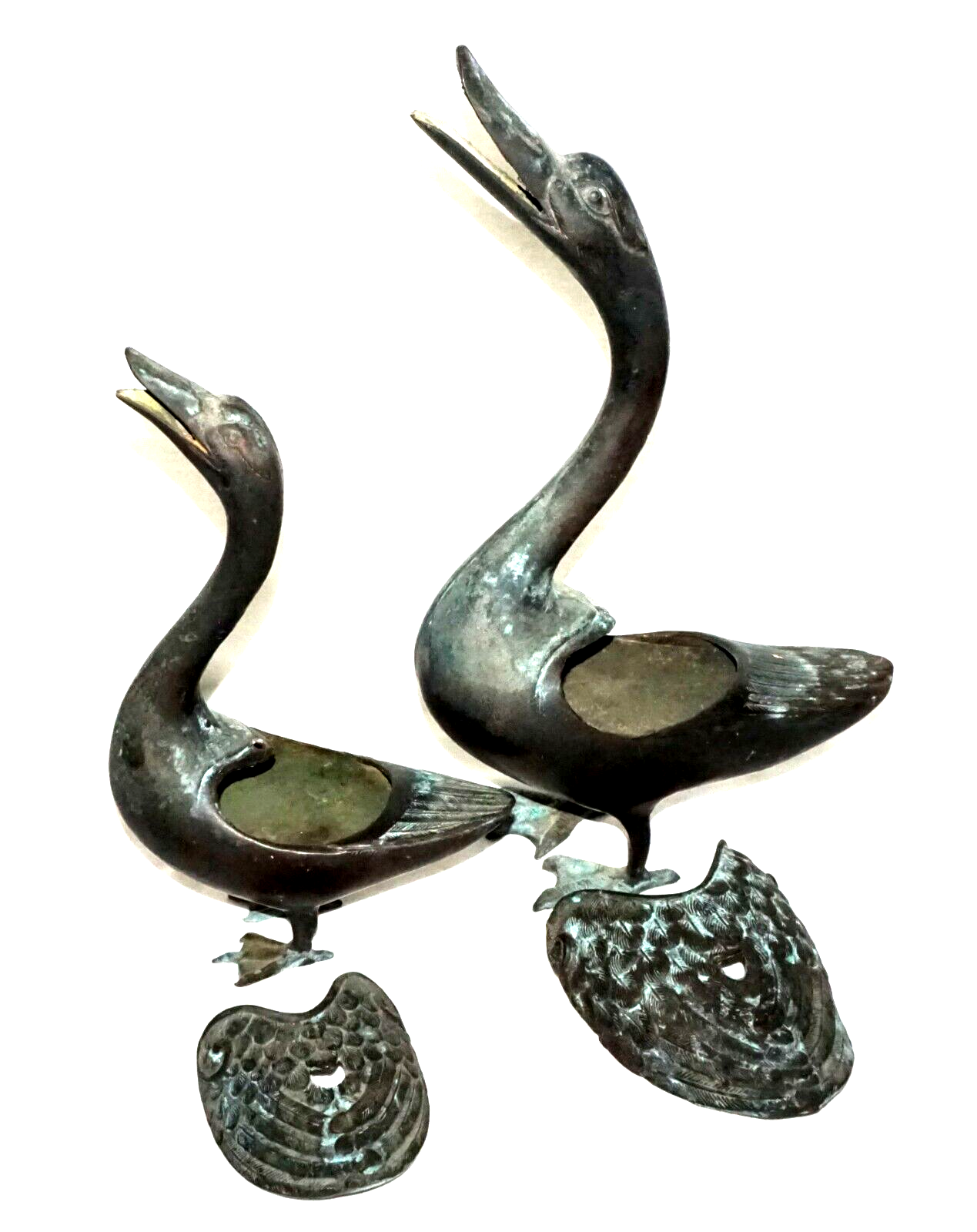 2Pc Chinese Bronze Incense Burners w. Squawking Geese Motif (NiC)