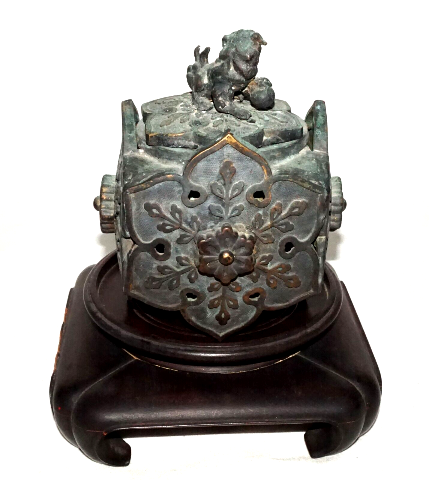 Chinese Bronze Flower Motif Incense Burner w. Foo Dog Finial on Base (WiR)