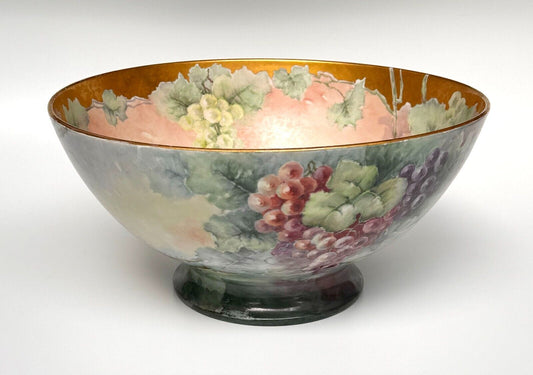 Antique Limoge 15 3/4" Footed Bowl w Handpainted Grapes, Leaves & Gold Rim (LeD)