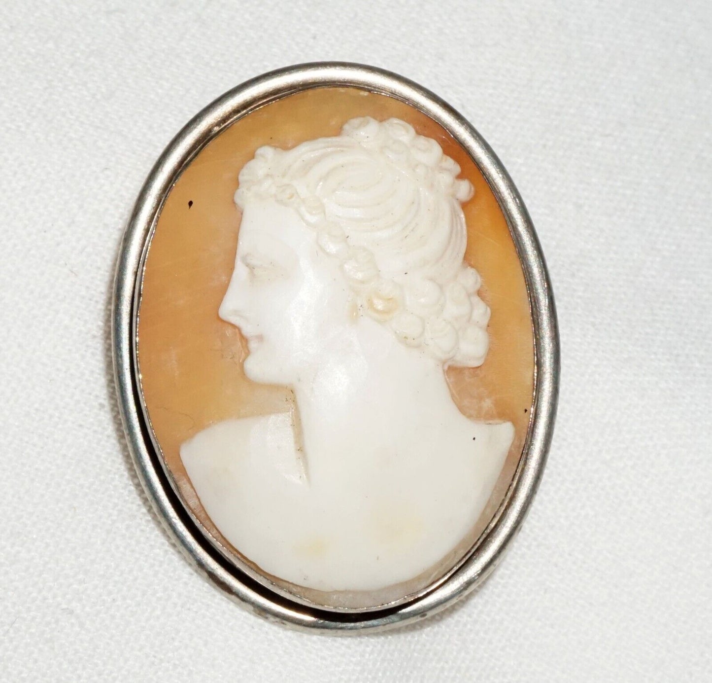 Vintage 900 Silver Shell Cameo Brooch Pendant w. Female Bust Motif (BiB)