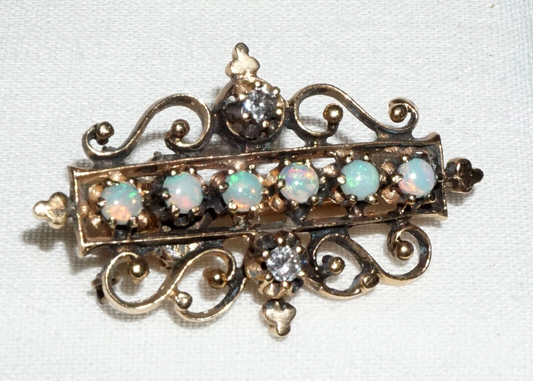 Antique Scroll Motif 14k Yellow Gold Brooch set w. 2x Diamonds & 6x Opals (GeB)6