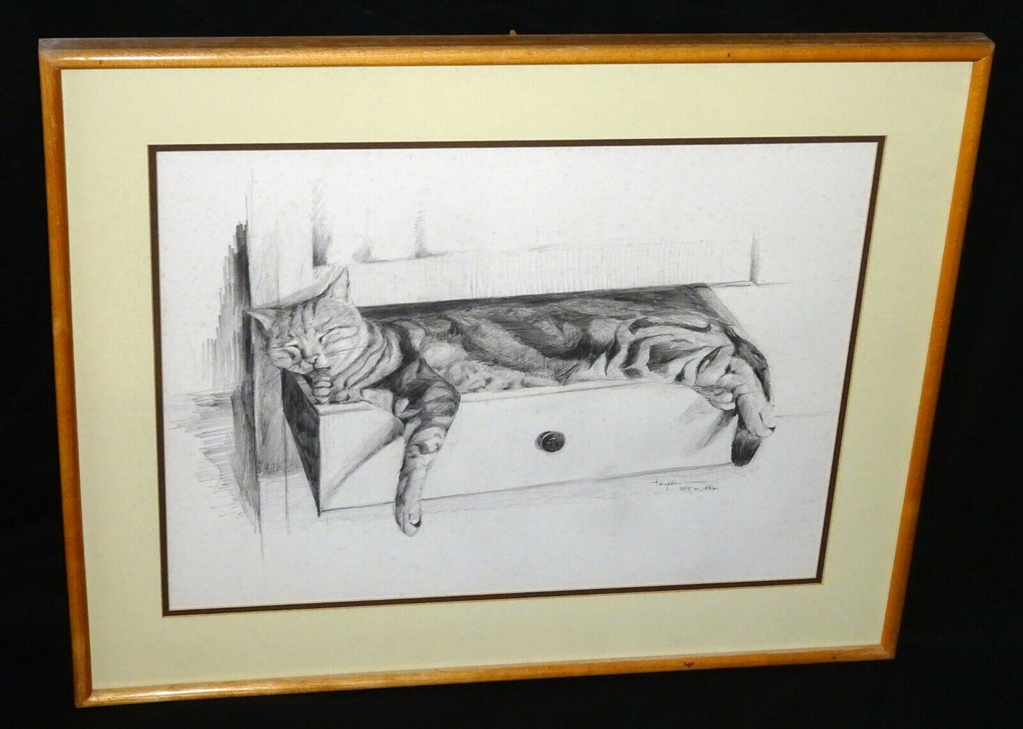 1982 Hawaii Pencil Drawing Kitty Cat in a Drawer Hiroshi Tagami (1929-2014)(ZiK)