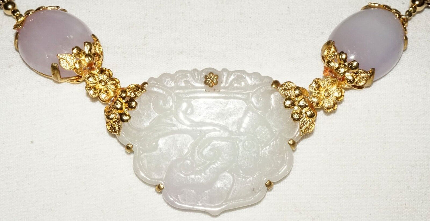 Vtg. Chinese Fashion Necklace White Jade Pendant & 2x Lavender Jade Cabs (LeP)