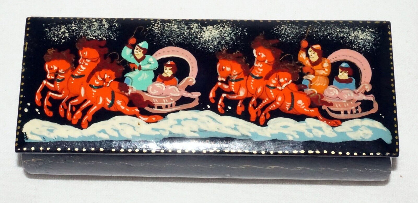 Vintage Russian Lacquer Box Two Horse Drawn Sleighs & Figures signed (AHB)