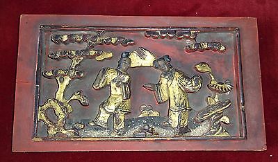 2x 19CT Chinese Framed Carved Red Panels of Scenes w. Figures in Gilt (Gem)