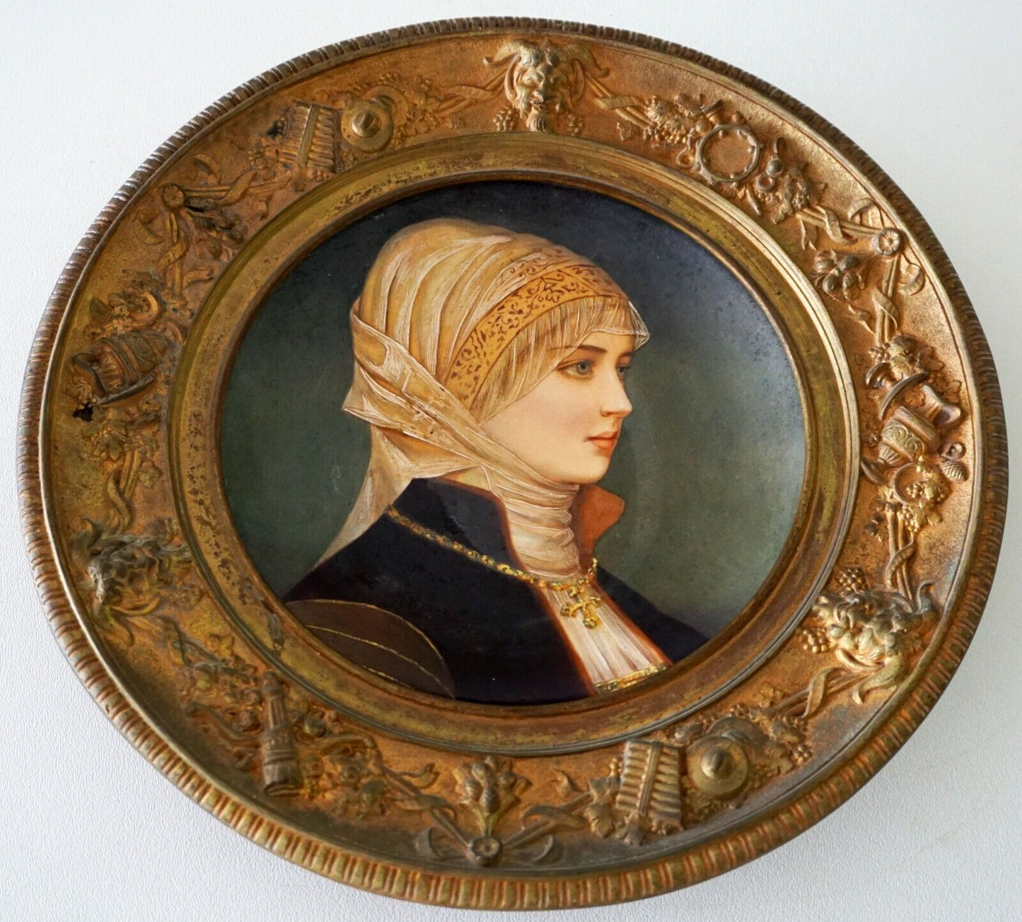 Continental Porcelain & Enamel Female Portrait Painting Gilt Bronze Frame (RiS)