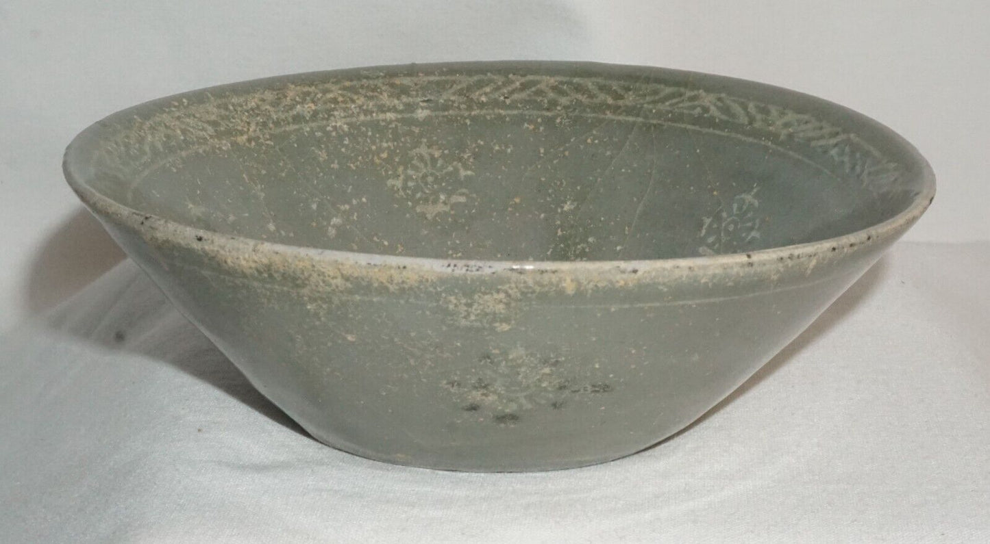 14C Korean Koryo Inlaid Pottery Bowl Celadon Glazed w. Floral Designs (JSt)2 IC