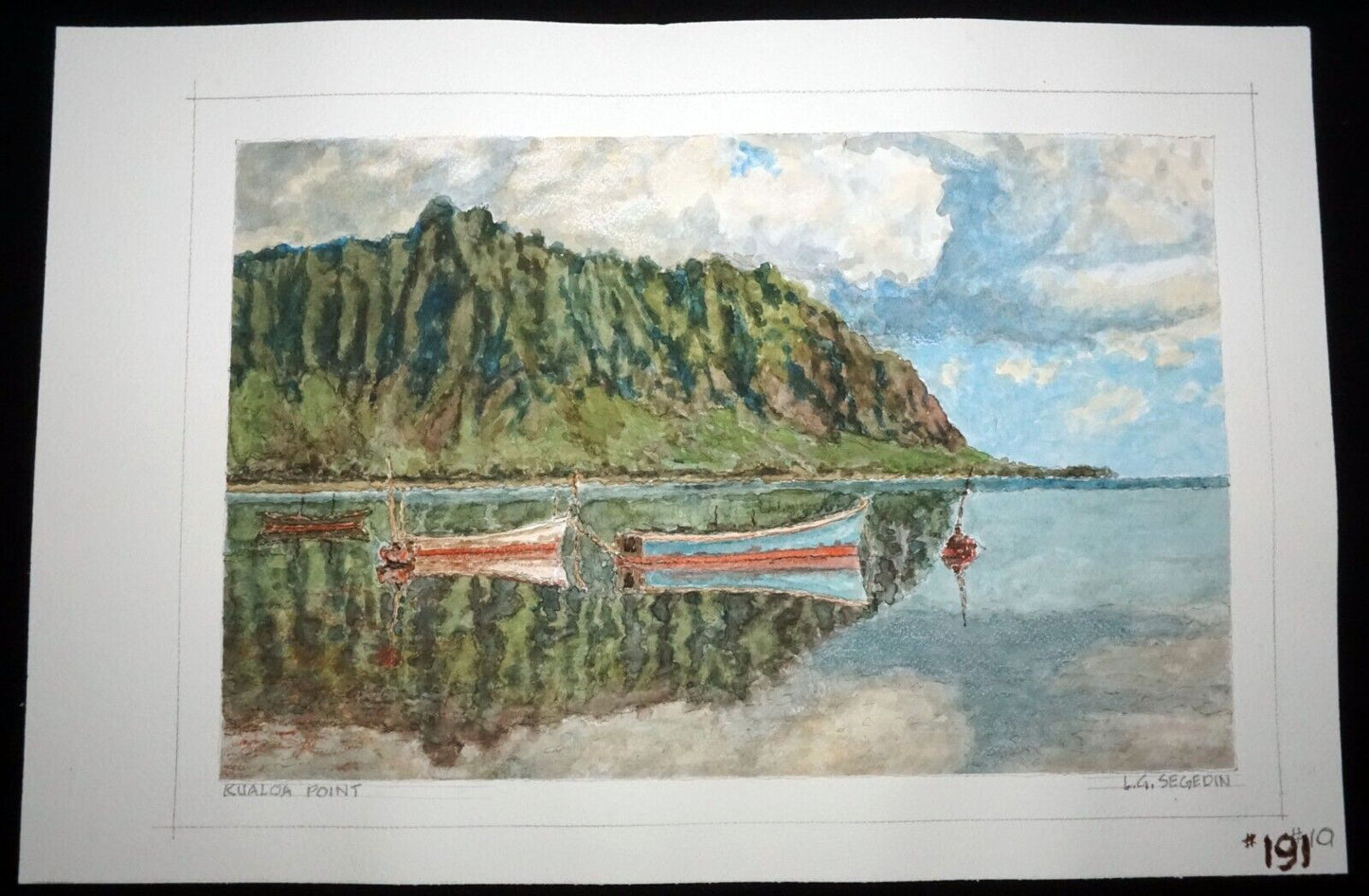 Hawaii Watercolor Painting Kualoa Point with Fishing Boats by Larry Segedin #191