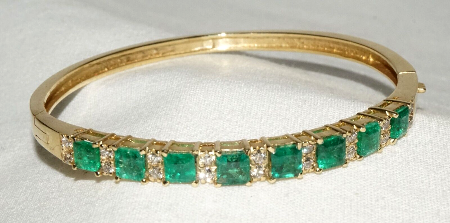 14k Yellow Gold Hinged Bangle Bracelet 4.49ct. Emeralds & 18x Diamonds (GoB) #32