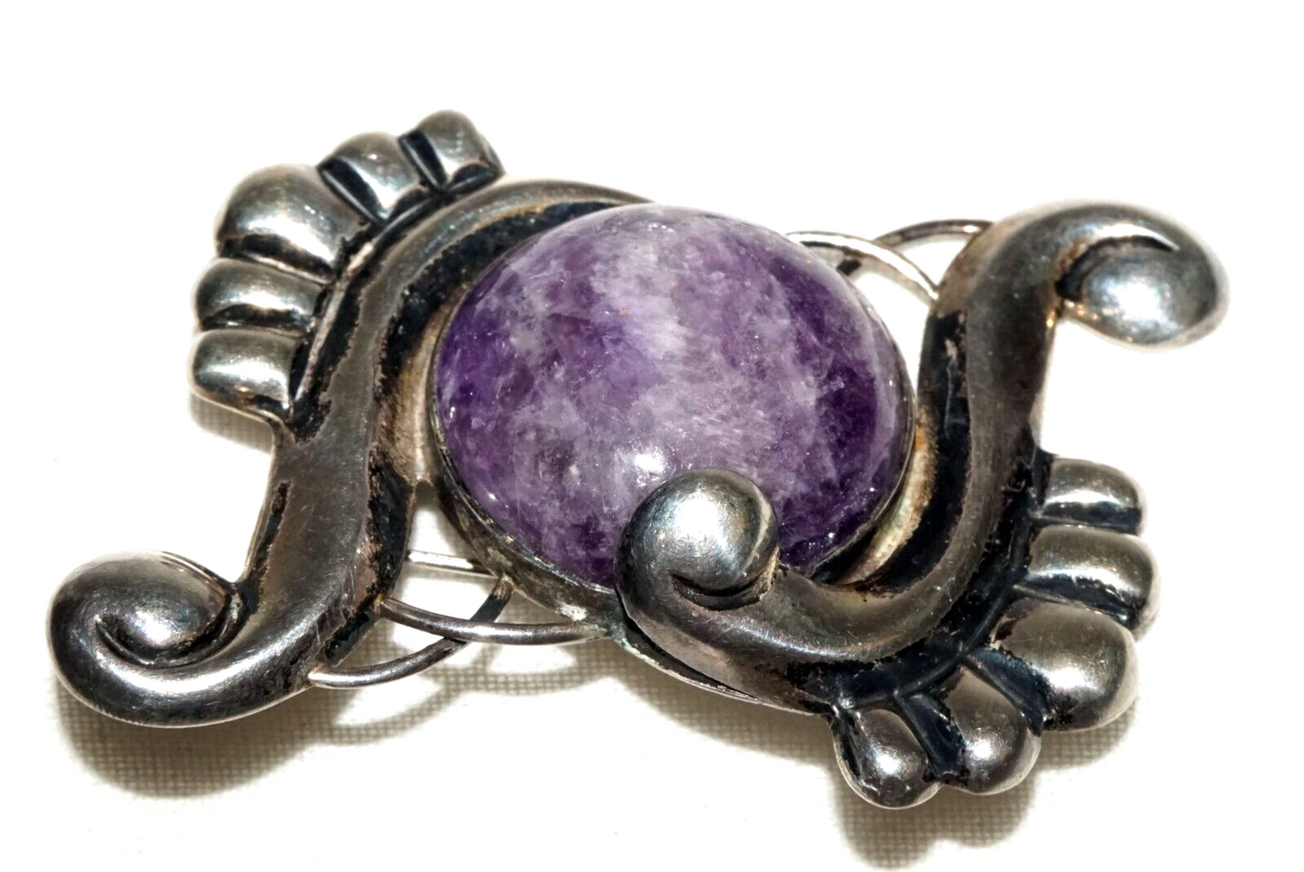 Vtg Mexican Modernist Sterling Silver Scroll Motif & Amethyst Brooch (KoS) L10