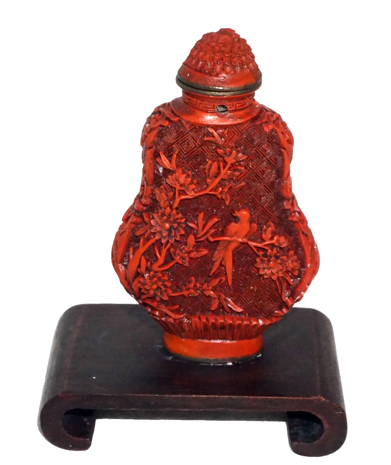 Chinese Cinnabar Style Carved Snuff Bottle w. Birds Motifs & Reign Mark (Kai)