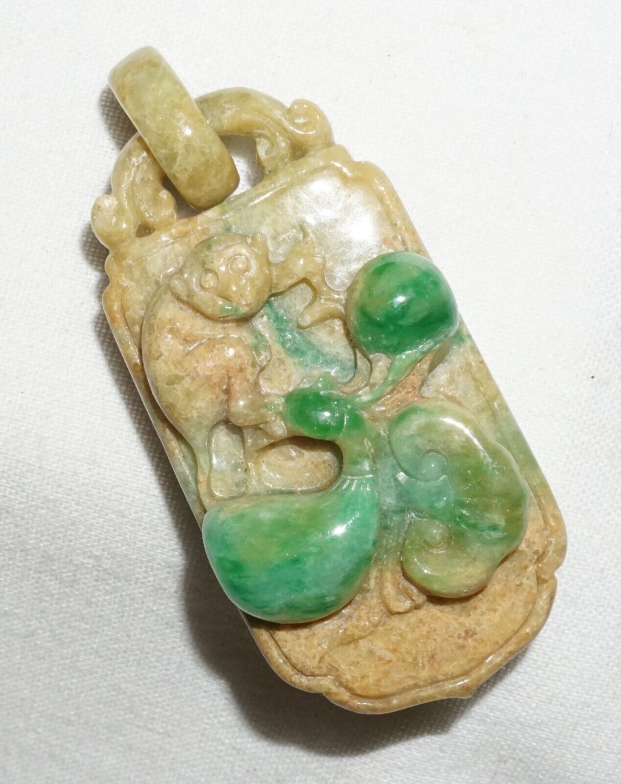 Vintage Chinese Jadeite Jade Locket Style Pendant w. Monkey Lingzhi Coin (---)