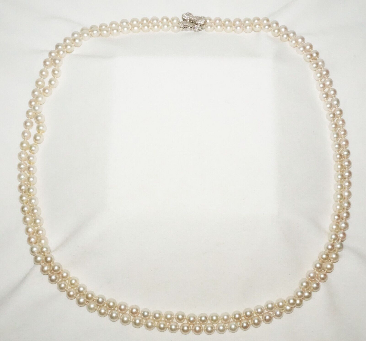 Vtg. Double Strand Pearl Necklace w. 14k W. Gold 93x Diamond Flower Clasp (LeD)