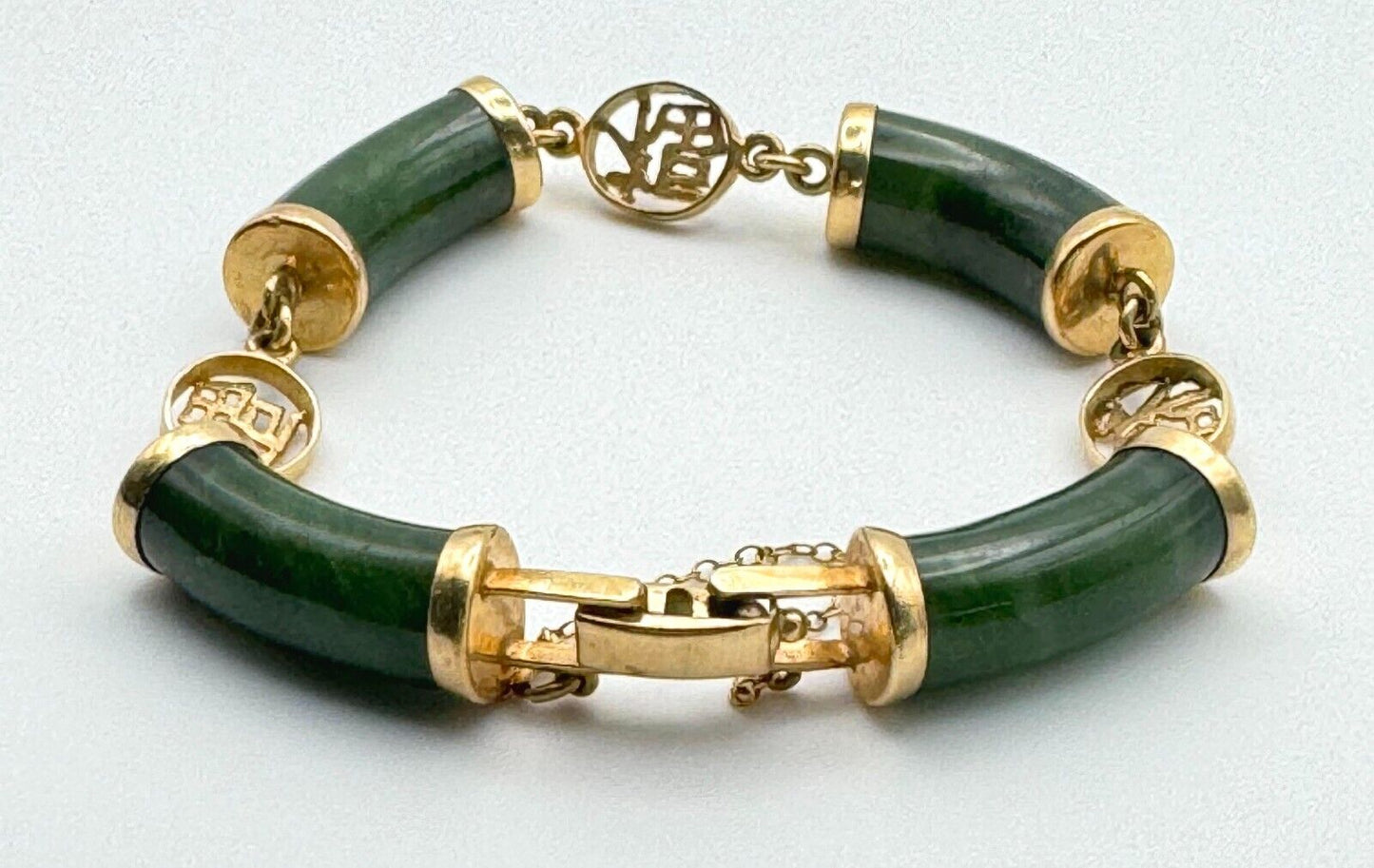 14k Gold & Spinach Green Jade Link Bracelet w Chinese Character Accents (1450)