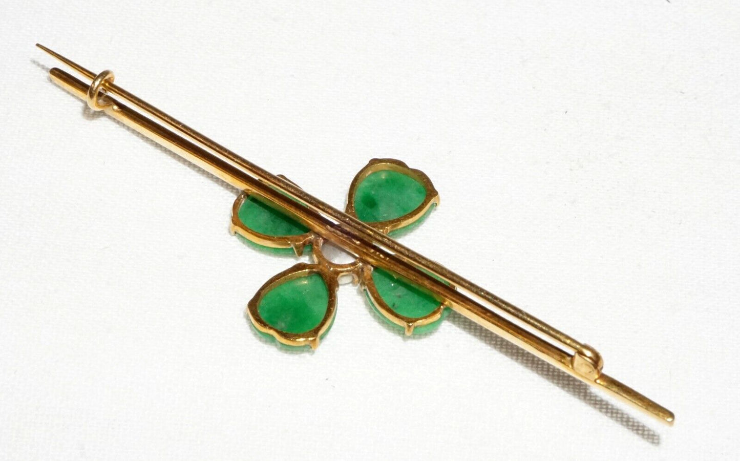 Vtg Chinese 18k Yellow Gold Four Leafed Clover Jadeite Jade & Pearl Brooch (InS)