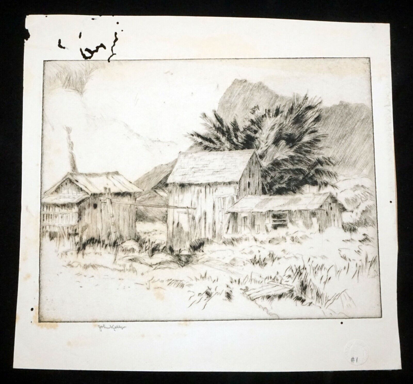 1920s Hawaii Etching Print "Homestead" by John Melville Kelly (1879-1962)(Kel)