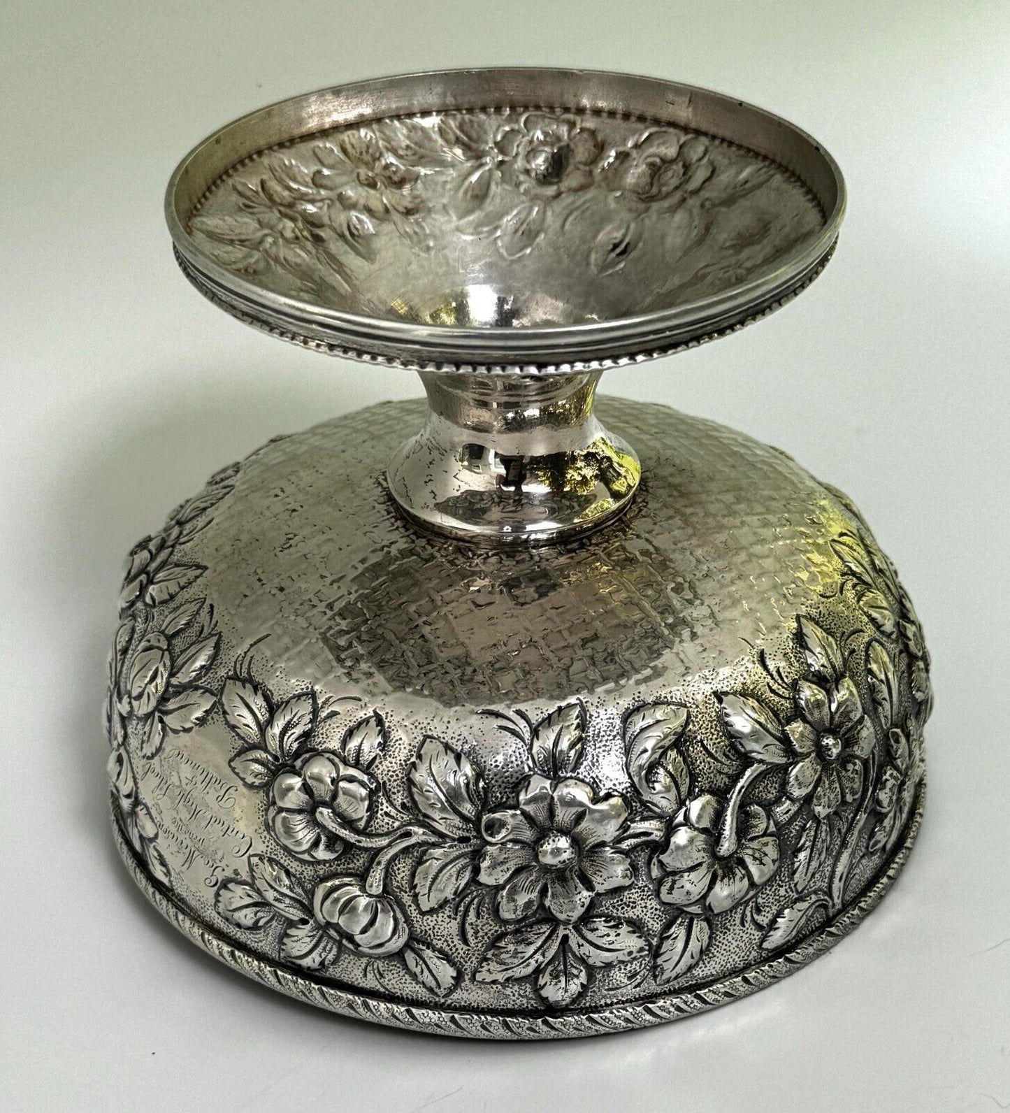 Antique 11 oz Coin Silver S. Kirk & Son Footed Bowl w Floral Repousse (WeP)