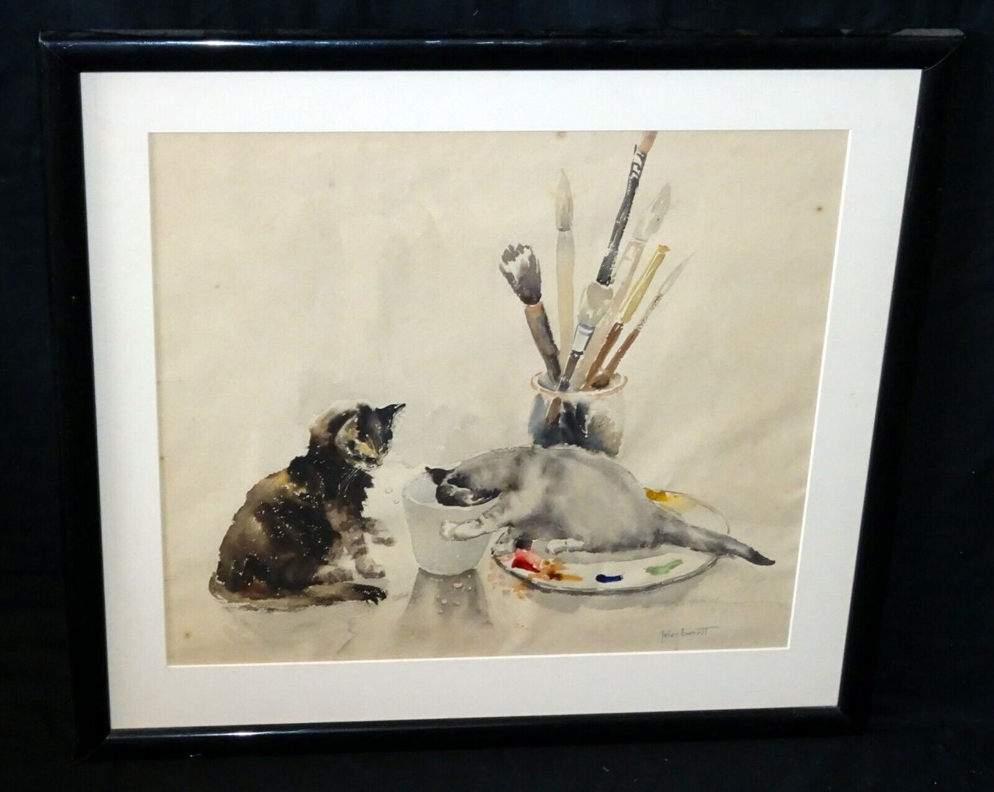 1950s US WC Still Life Painting Two Cats by Helen F. Everett (1883-1965)(CuM)