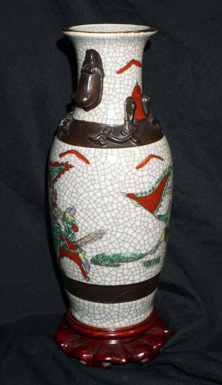 1900 Chinese Pottery Vase w. Crackled Finish Warrior on Horses Motif (ChT) IC