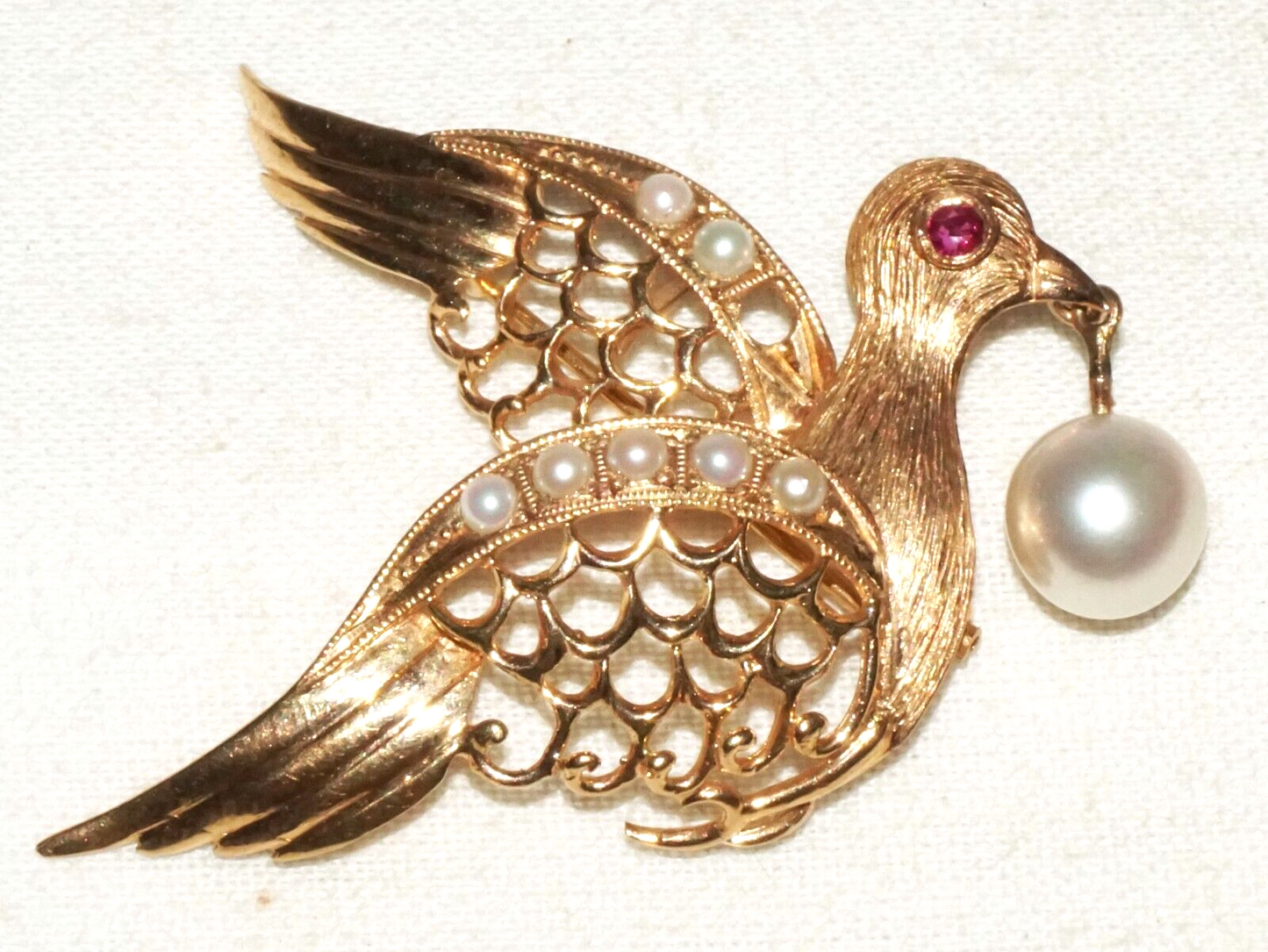 Vintage 14k Yellow Gold Dove Motif Brooch Pendant w. Ruby & Pearl Accents (KiL)