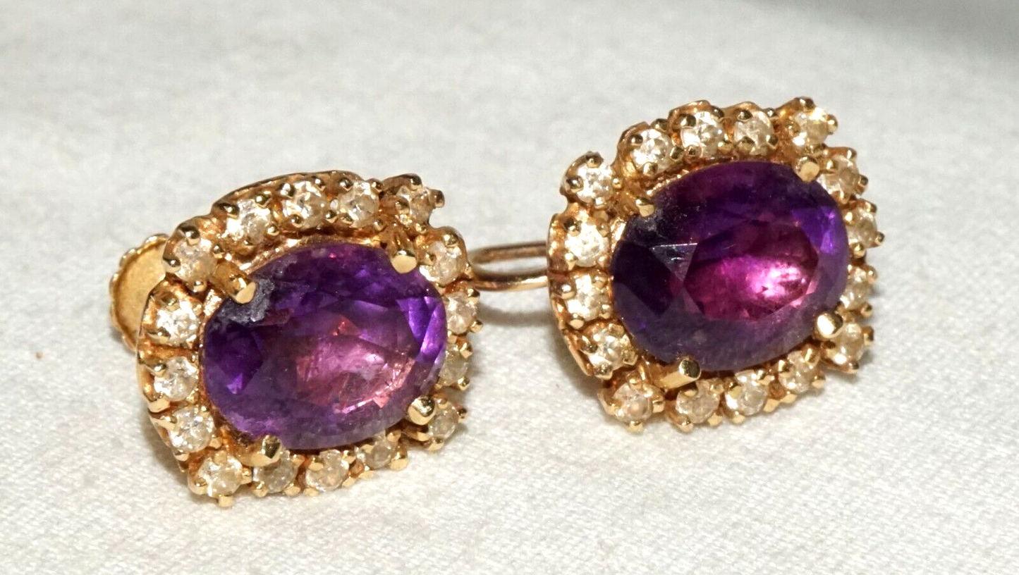 Vintage US 14k Yellow Earrings w. 2x Amethysts & 32x Cubic Zirconia (GoB)#12b