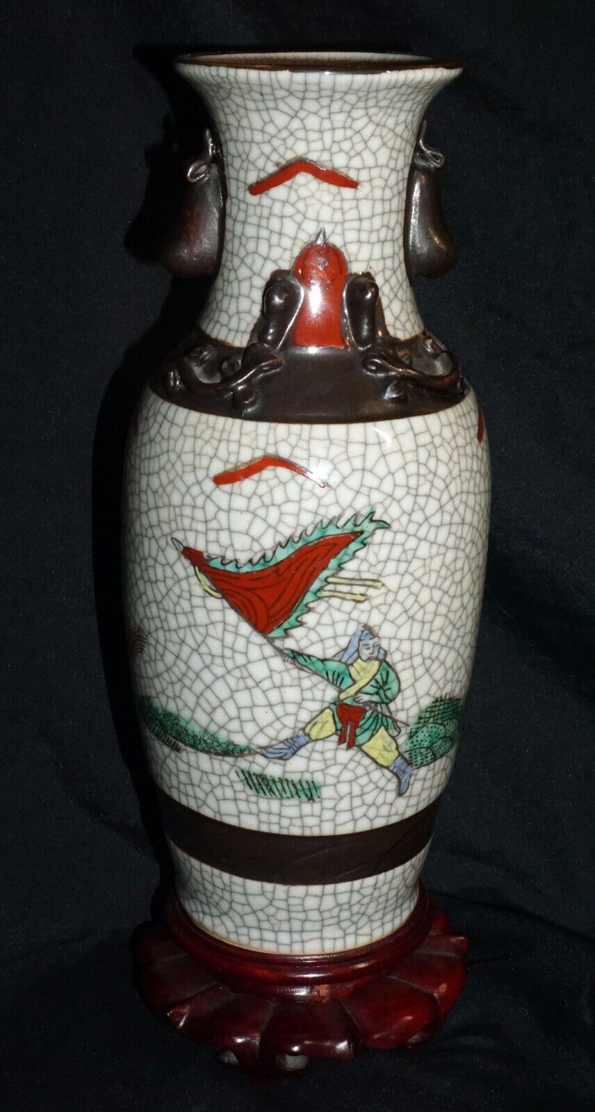 1900 Chinese Pottery Vase w. Crackled Finish Warrior on Horses Motif (ChT) IC