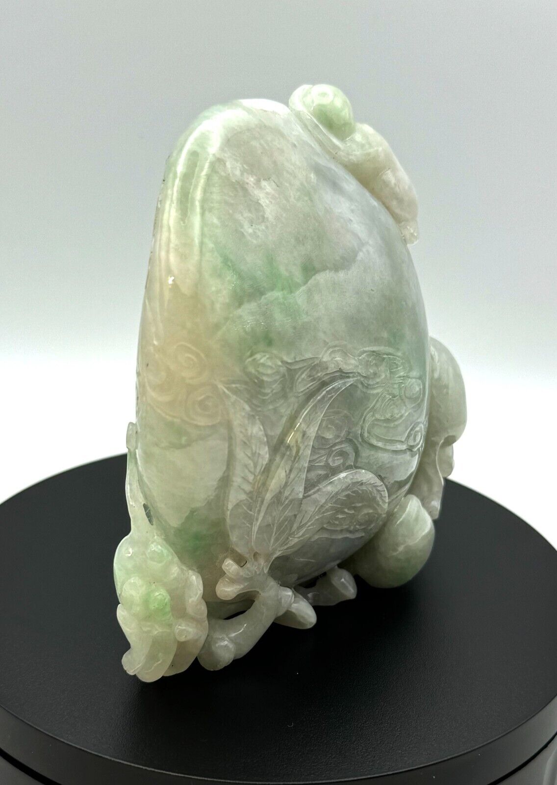 Vintage Chinese Off White Jadeite Carving a Peach w Playful Monkeys (InS)63