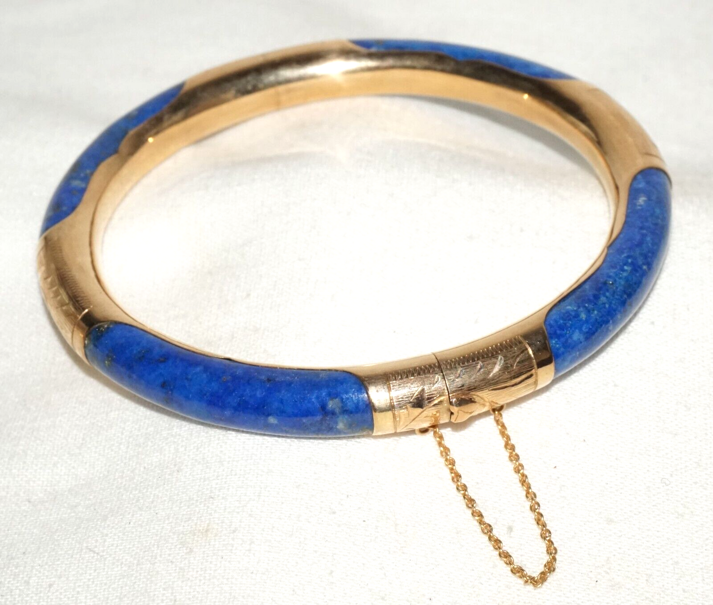 Vintage Chinese 14k Yellow Gold & Sodalite Hinged Bangle Bracelet (InS)#L1