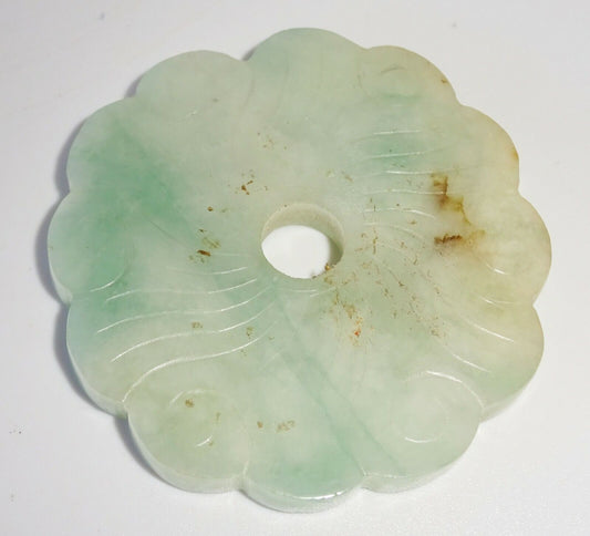 20C Chinese Mottled Jadeite Jade Incised Flower Motif Disk Carving (FeO) #37b