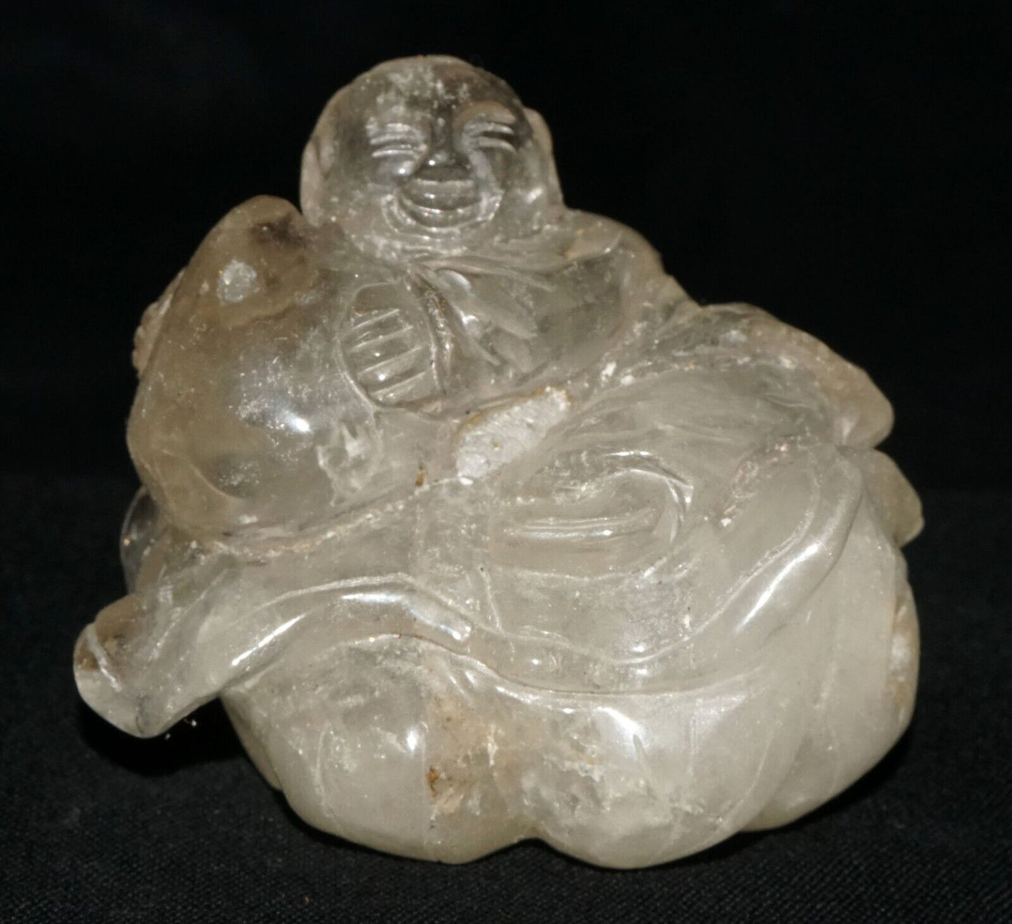 Vintage Chinese Clear Quartz Carved Boy & Gourd & Peach Snuff Bottle (LeS) G17