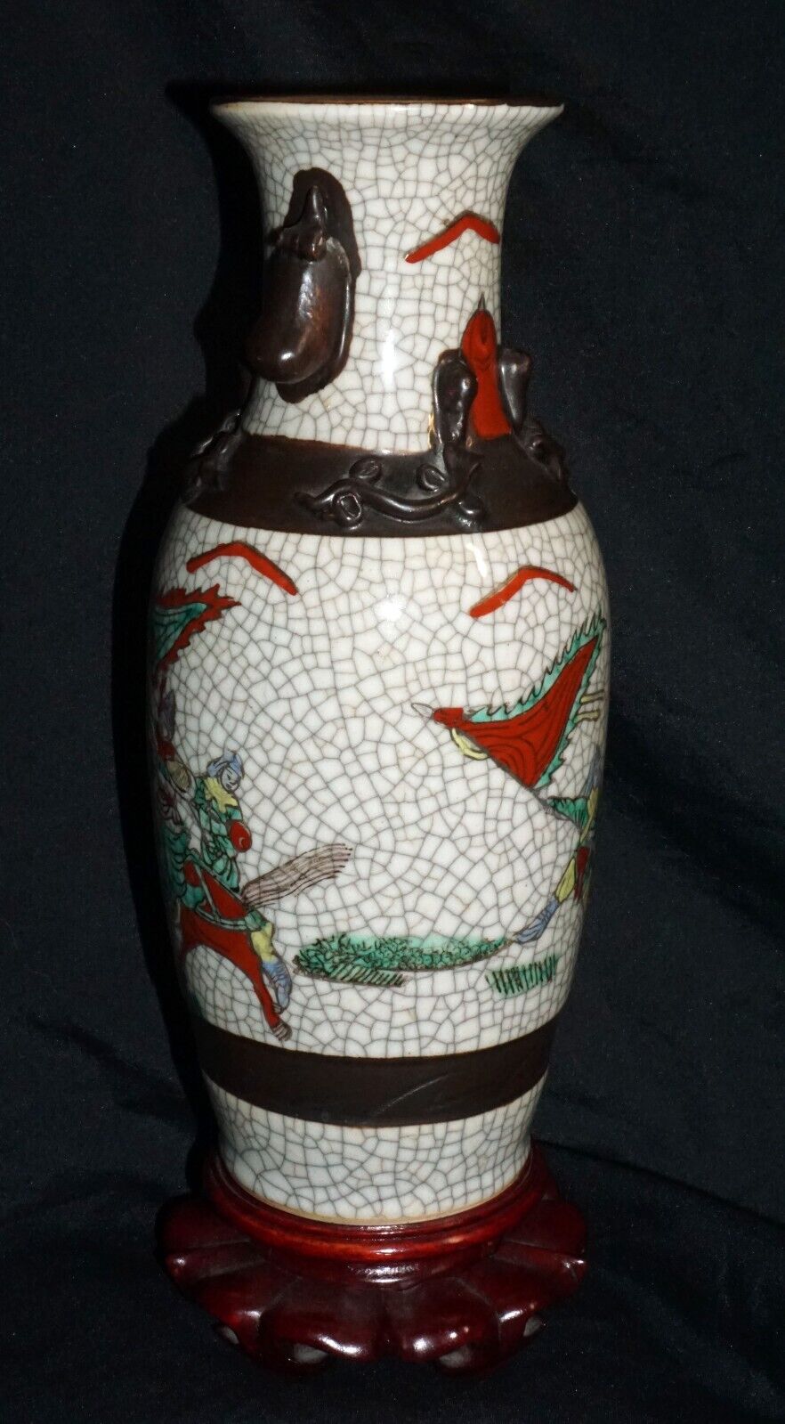 1900 Chinese Pottery Vase w. Crackled Finish Warrior on Horses Motif (ChT) IC