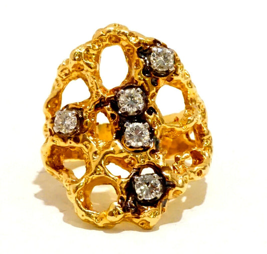 Vintage US Coral Design 14k Yellow Gold Ring Sz.7 set w. 5x Diamonds (GoH)#9