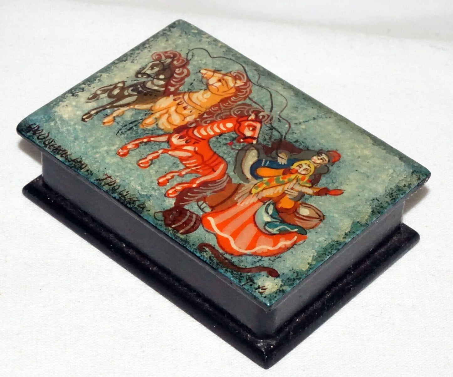 Vintage Russian Lacquer Box Two Figures & Three Horses signed (AHB)