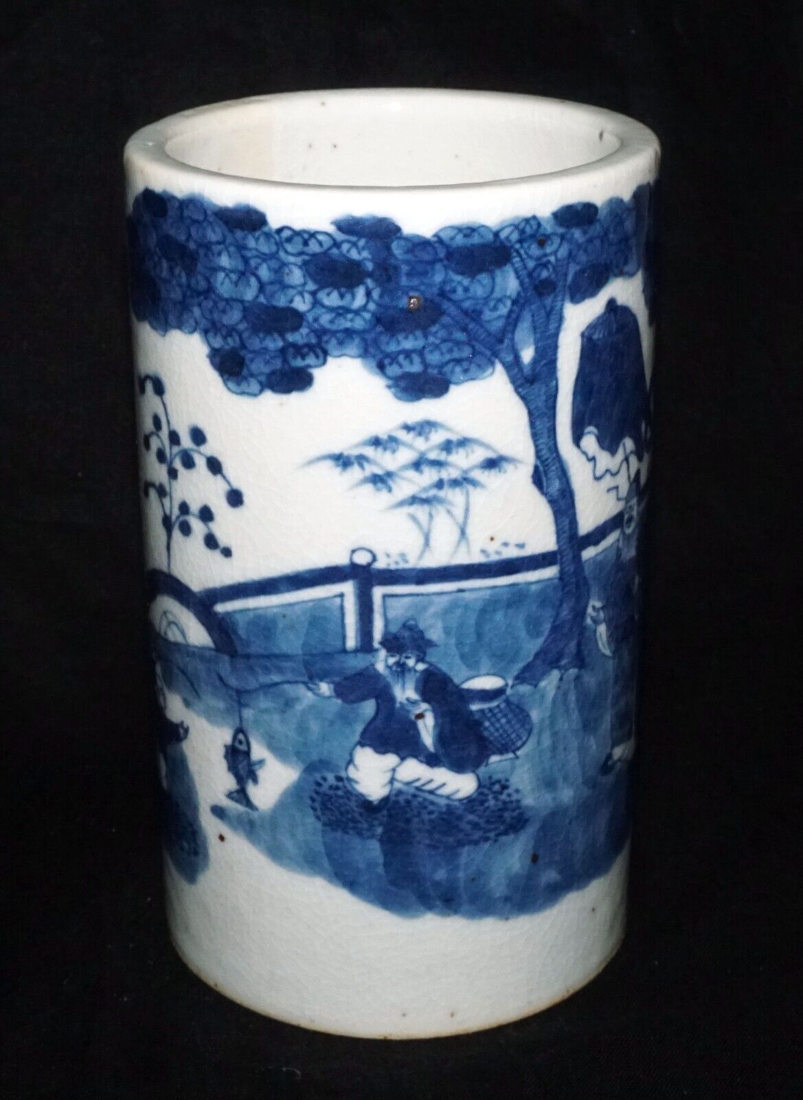 Chinese Blue & White Pottery Brush Pot w. Court-scene w Garden Motif (LeL) IC