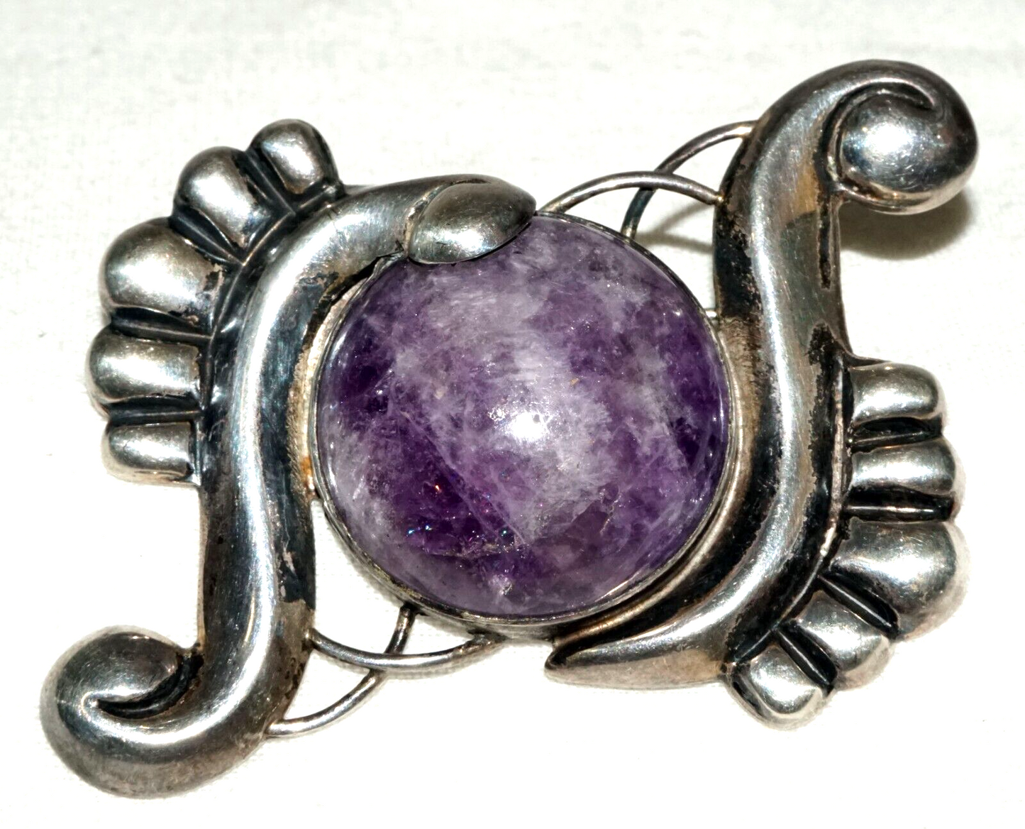 Vtg Mexican Modernist Sterling Silver Scroll Motif & Amethyst Brooch (KoS) L10